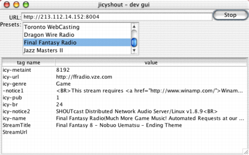 Picture of simple developer GUI playing stream with tags
